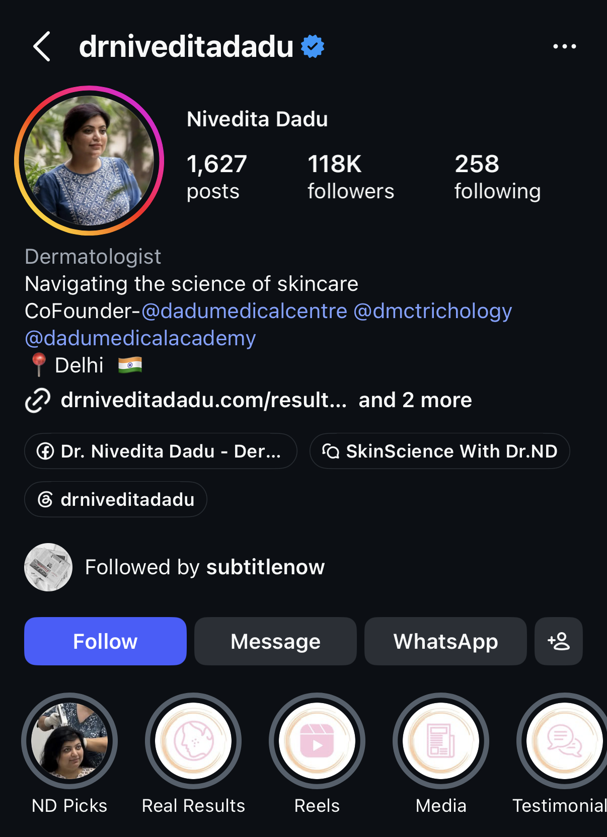 Dr. Nivedita Dadu — Instagram Profile